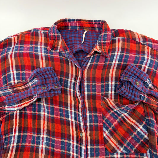Free People Plaid Mixed Media Flannel Shirt Relaxed Boho Button Down L Red Blue