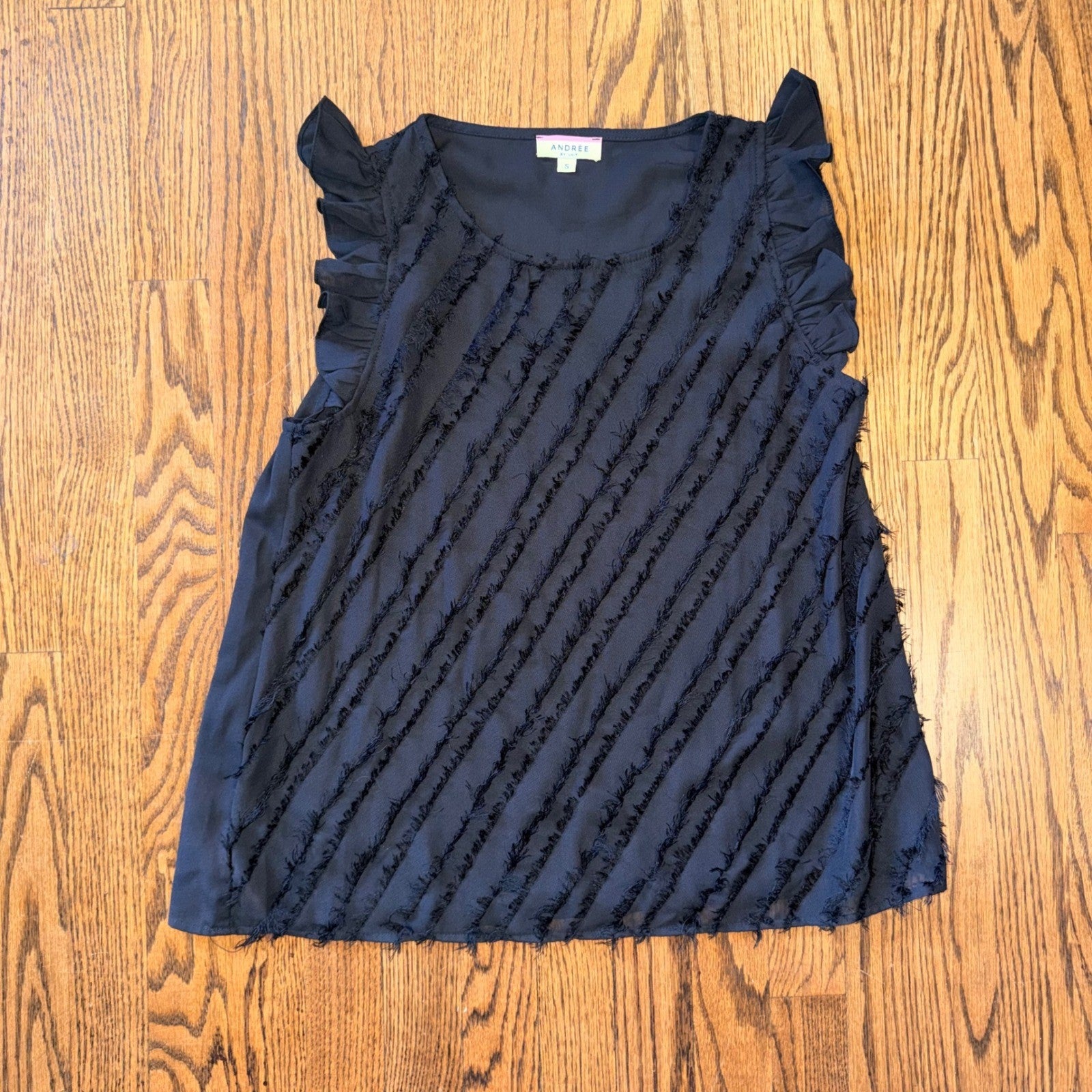 Andree by Unit Fringe Eyelash Ruffle Sleeve Top Size S Black Lightweight Sheer