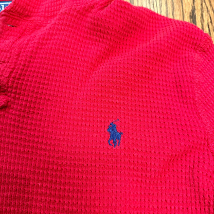 Polo Ralph Lauren Waffle Knit Thermal Henley Hoodie Red Kids Size L Preppy