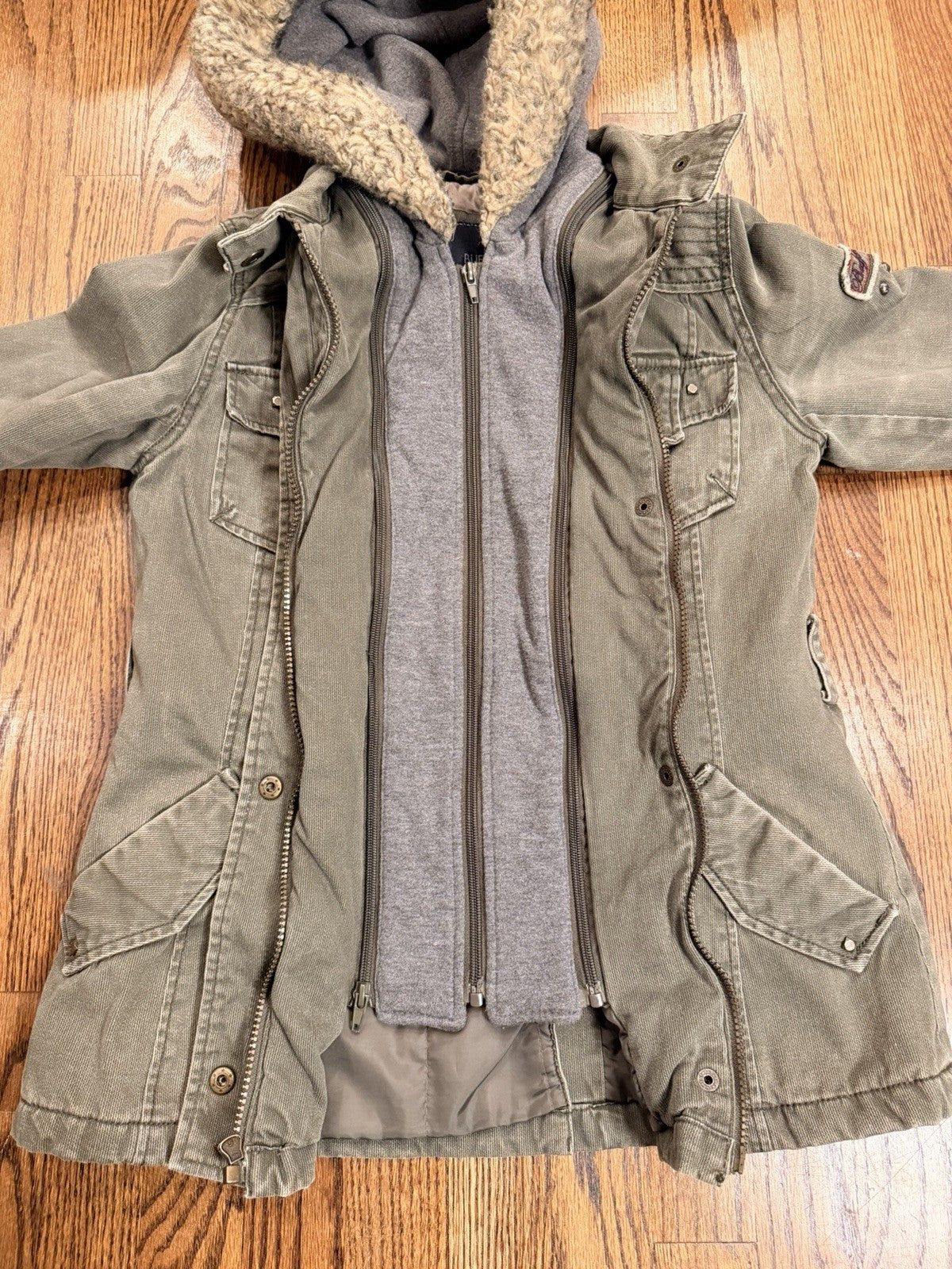 Buffalo Womens Outerwear Green/Grey Parka Denim Jacket Zip Off Hat Size XS