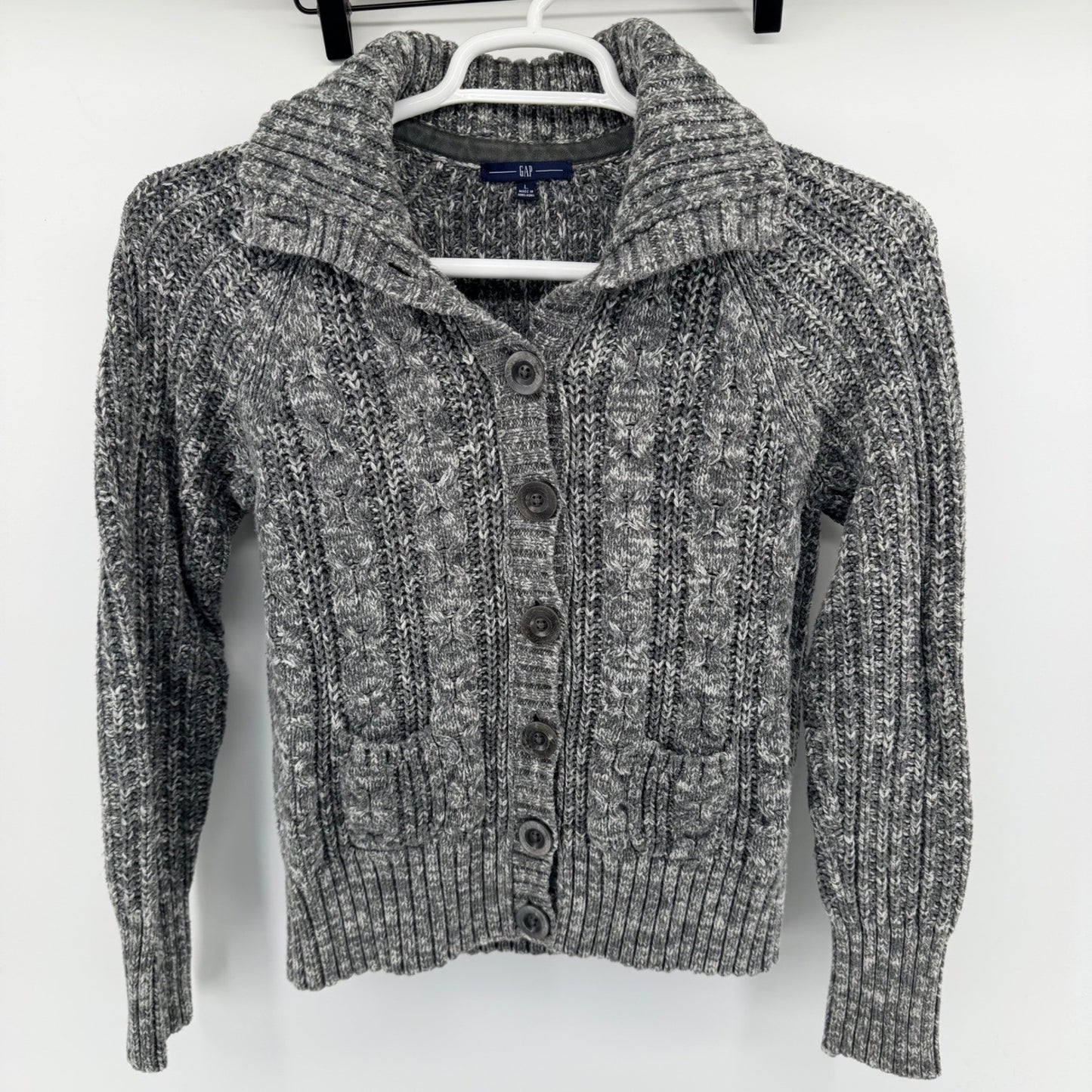 Gap Cable Knit Cardigan Sweater Gray Chunky Button Front Shawl Collar Large L