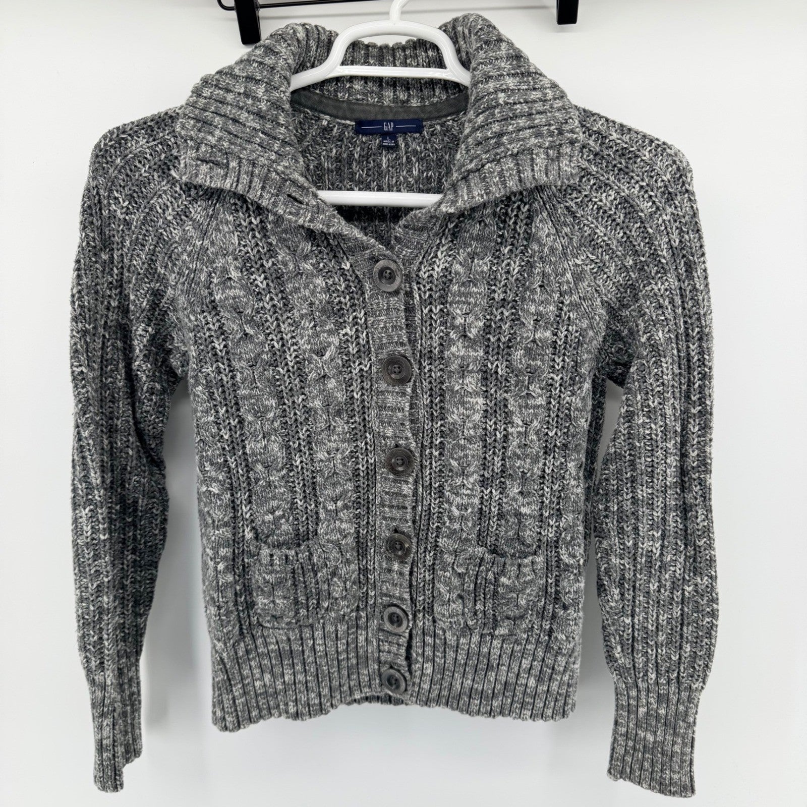 Gap Cable Knit Cardigan Sweater Gray Chunky Button Front Shawl Collar Large L