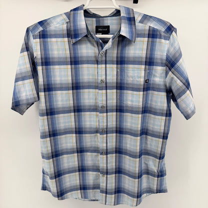 Marmot Plaid Short Sleeve Button Down Shirt Hiking Outdoor Large Blue White