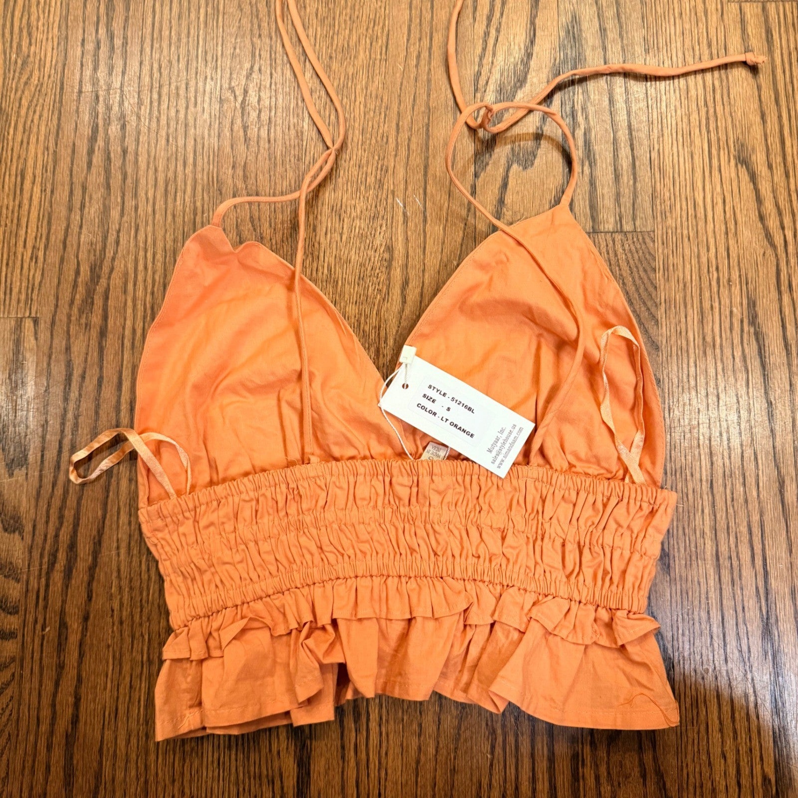 NWT Sim & Sam Halter Crop Top Smocked Ruffle Cotton S Light Orange 51216BL
