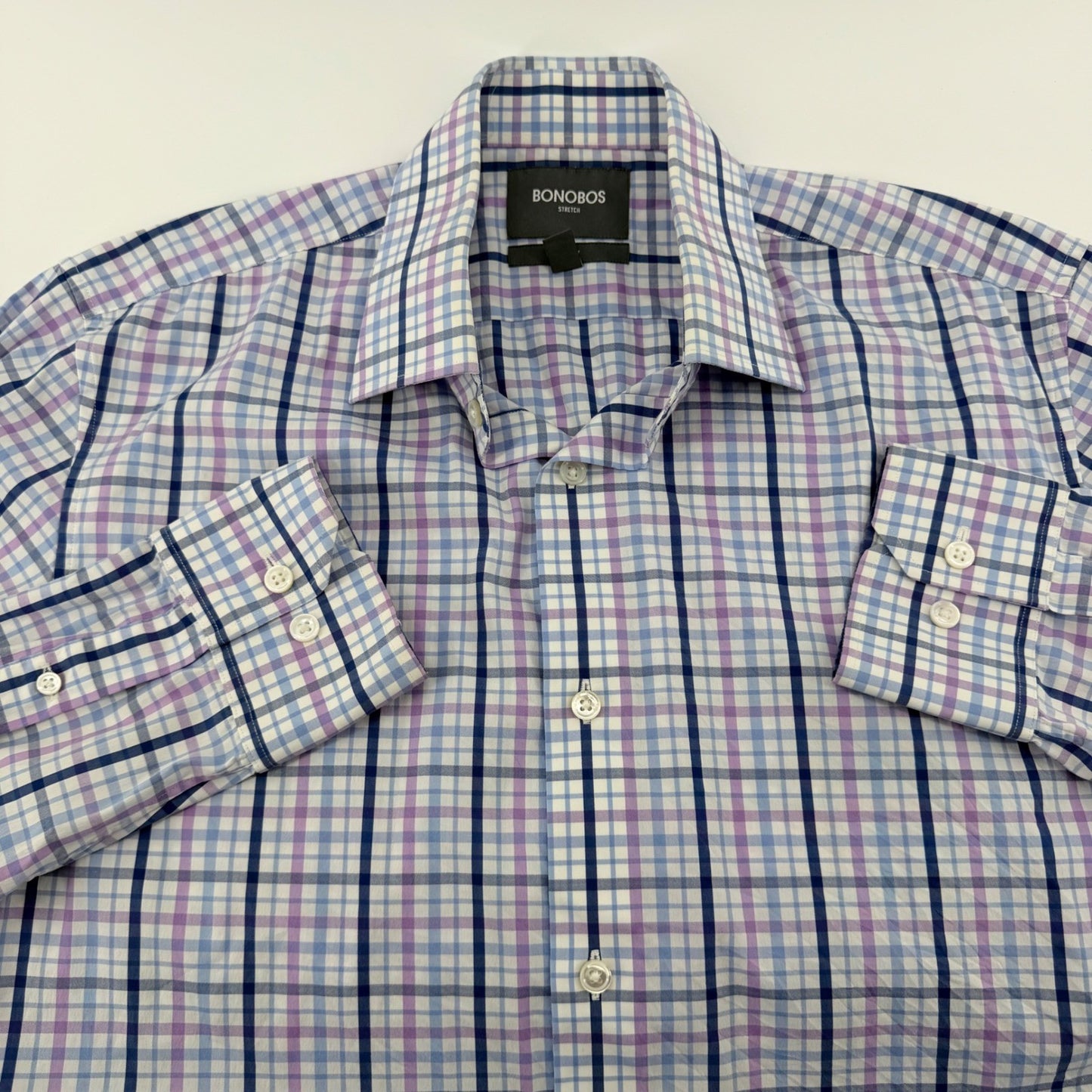 Bonobos Stretch Slim Fit Dress Shirt Plaid Check Purple Blue 16 x 34 Mens