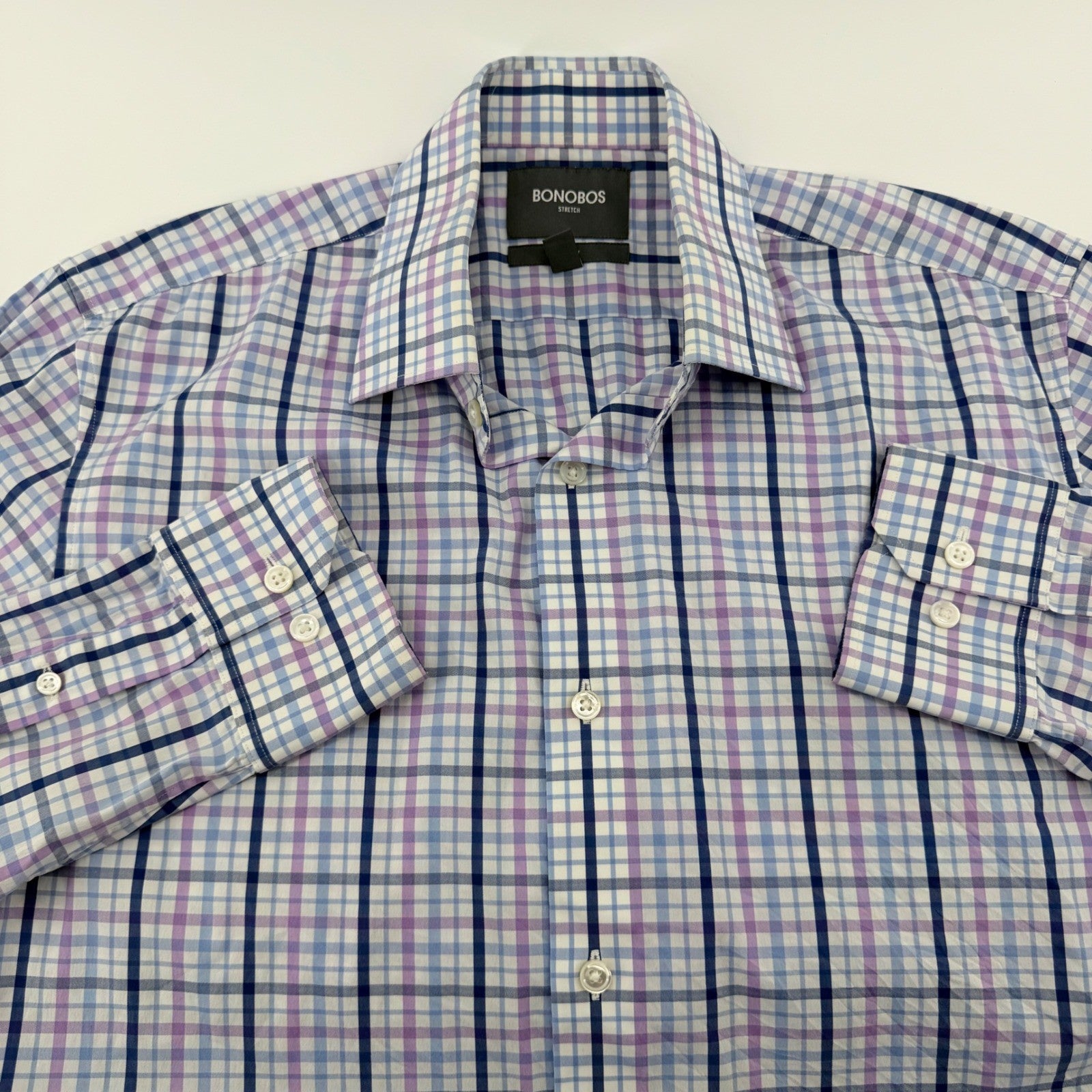 Bonobos Stretch Slim Fit Dress Shirt Plaid Check Purple Blue 16 x 34 Mens