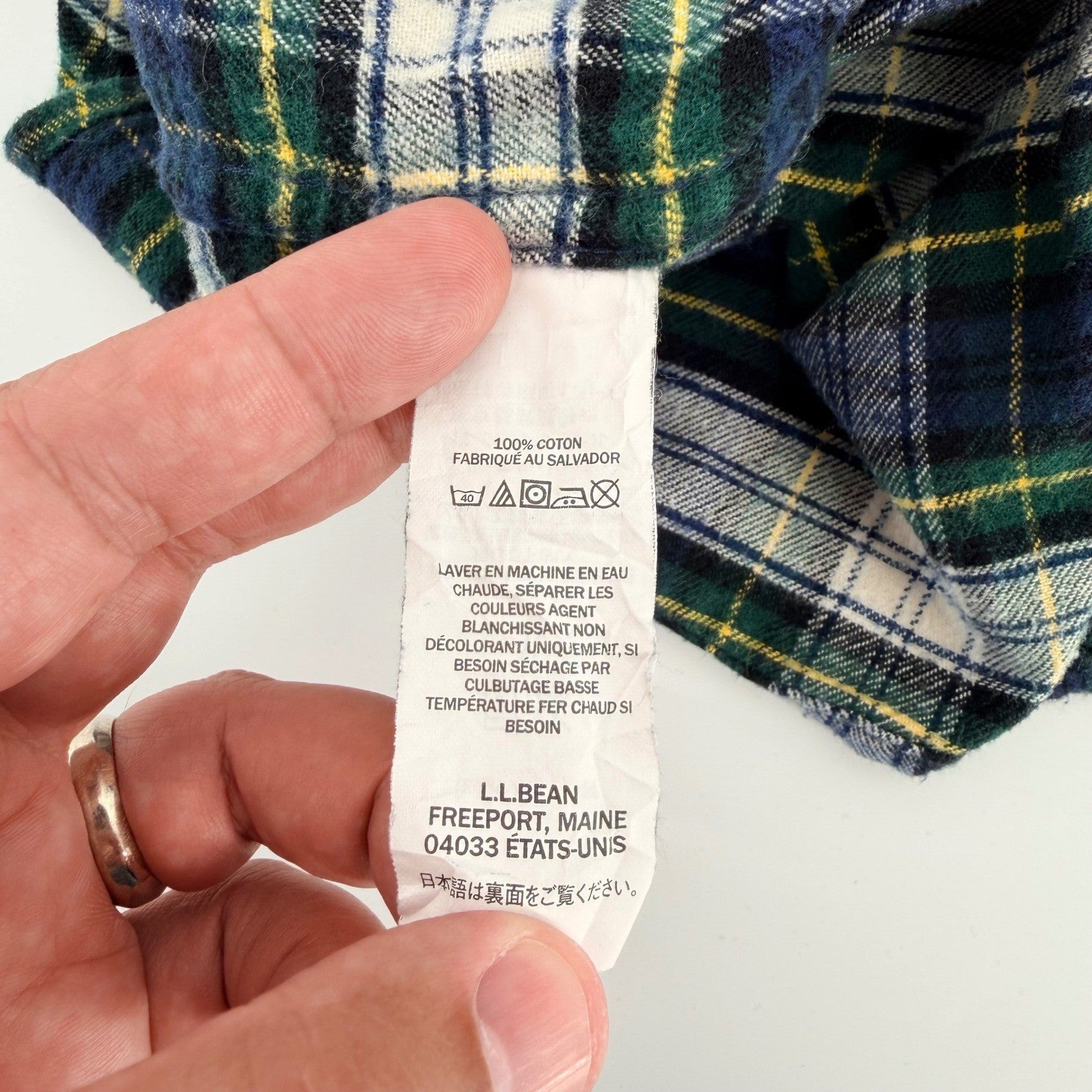 LL Bean Traditional Fit Flannel Shirt Plaid Cotton Button Down L Green Blue