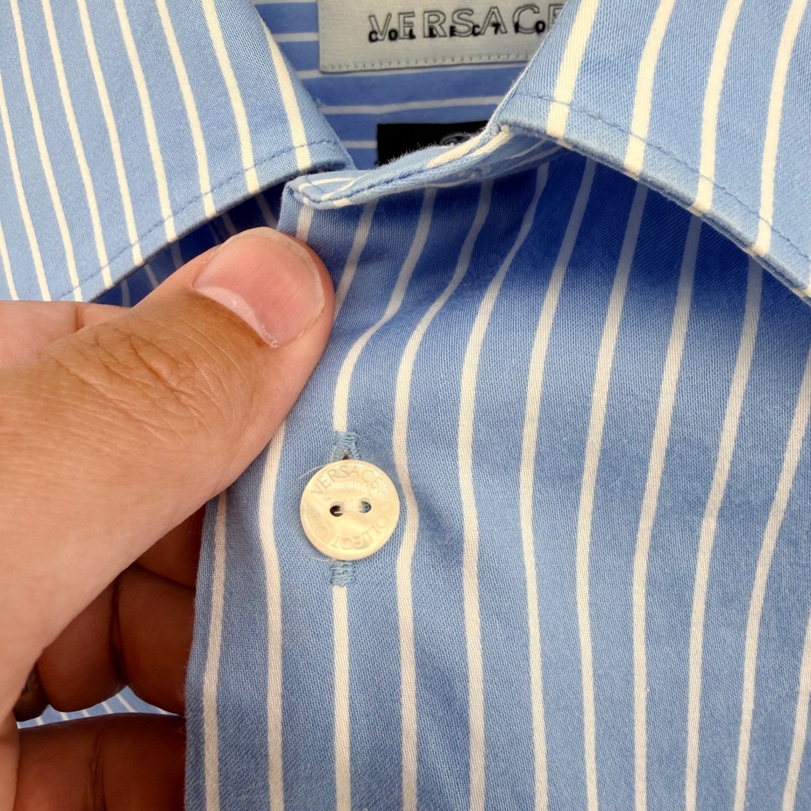 Versace Collection Striped Button Down Slim Fit Luxury Men 43/17 Blue White