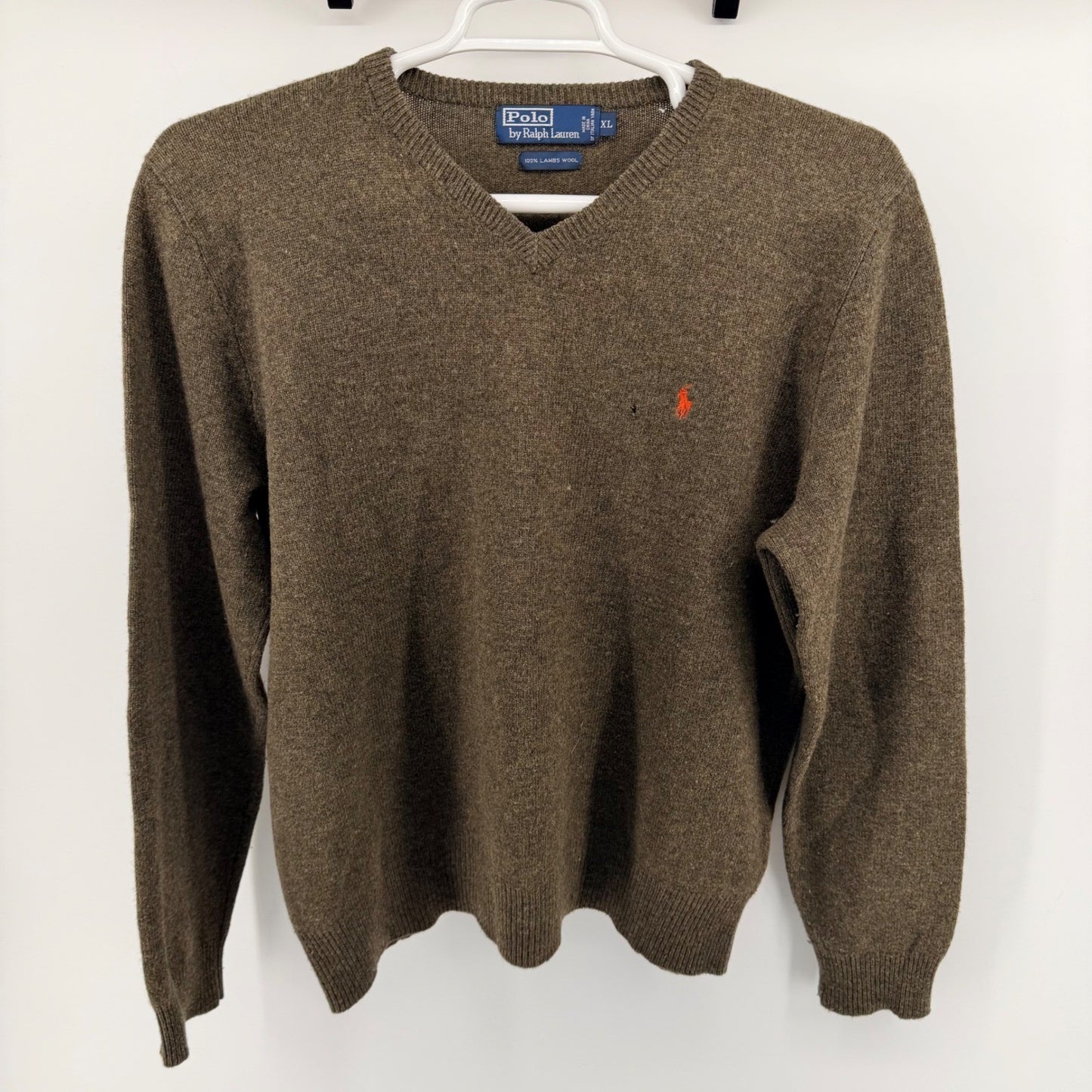 Polo Ralph Lauren Lambswool V-Neck Sweater Orange Pony Logo XL Brown Olive