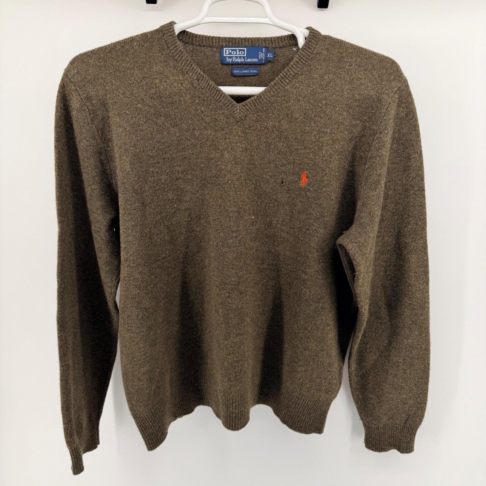 Polo Ralph Lauren Lambswool V-Neck Sweater Orange Pony Logo XL Brown Olive