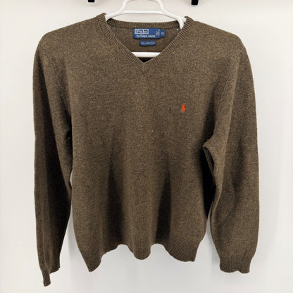 Polo Ralph Lauren Lambswool V-Neck Sweater Orange Pony Logo XL Brown Olive