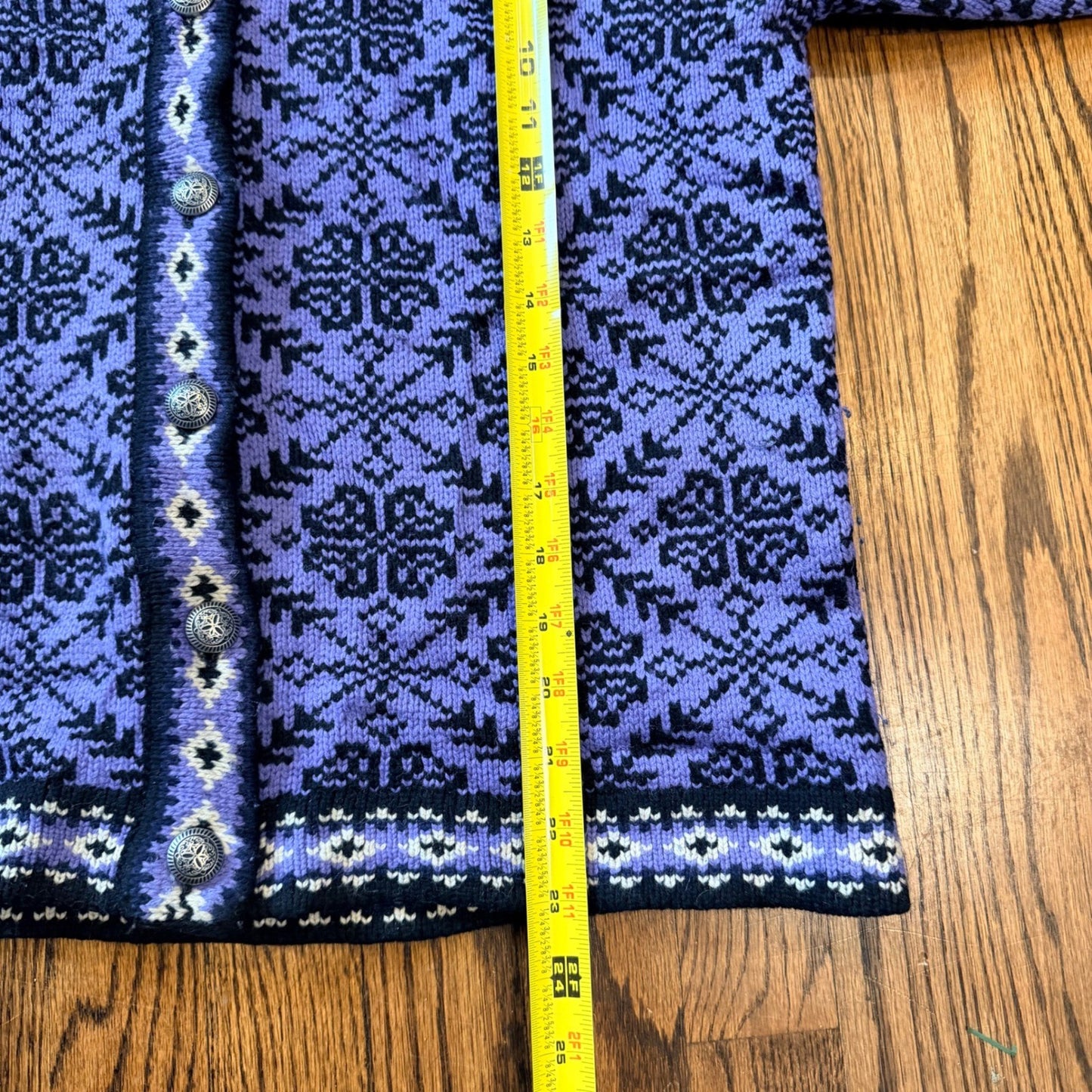 L.L. Bean Merino Wool Nordic Cardigan Fair Isle Snowflake Medium Purple Black