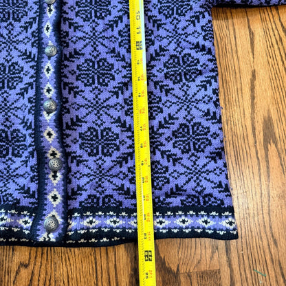 L.L. Bean Merino Wool Nordic Cardigan Fair Isle Snowflake Medium Purple Black
