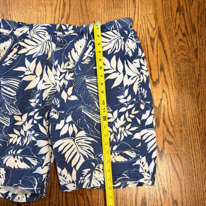 Island Shores Linen Blend Tropical Leaf Print Shorts Size 36 Blue White Aloha