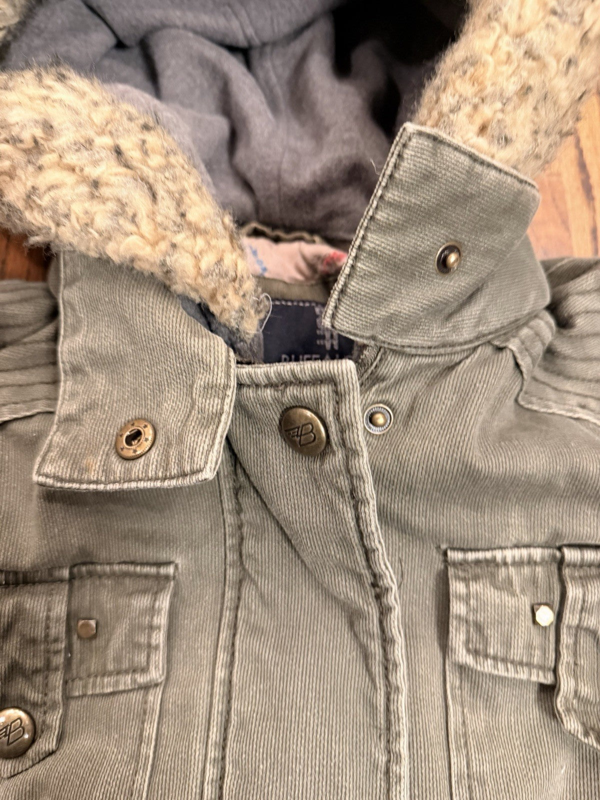 Buffalo Womens Outerwear Green/Grey Parka Denim Jacket Zip Off Hat Size XS