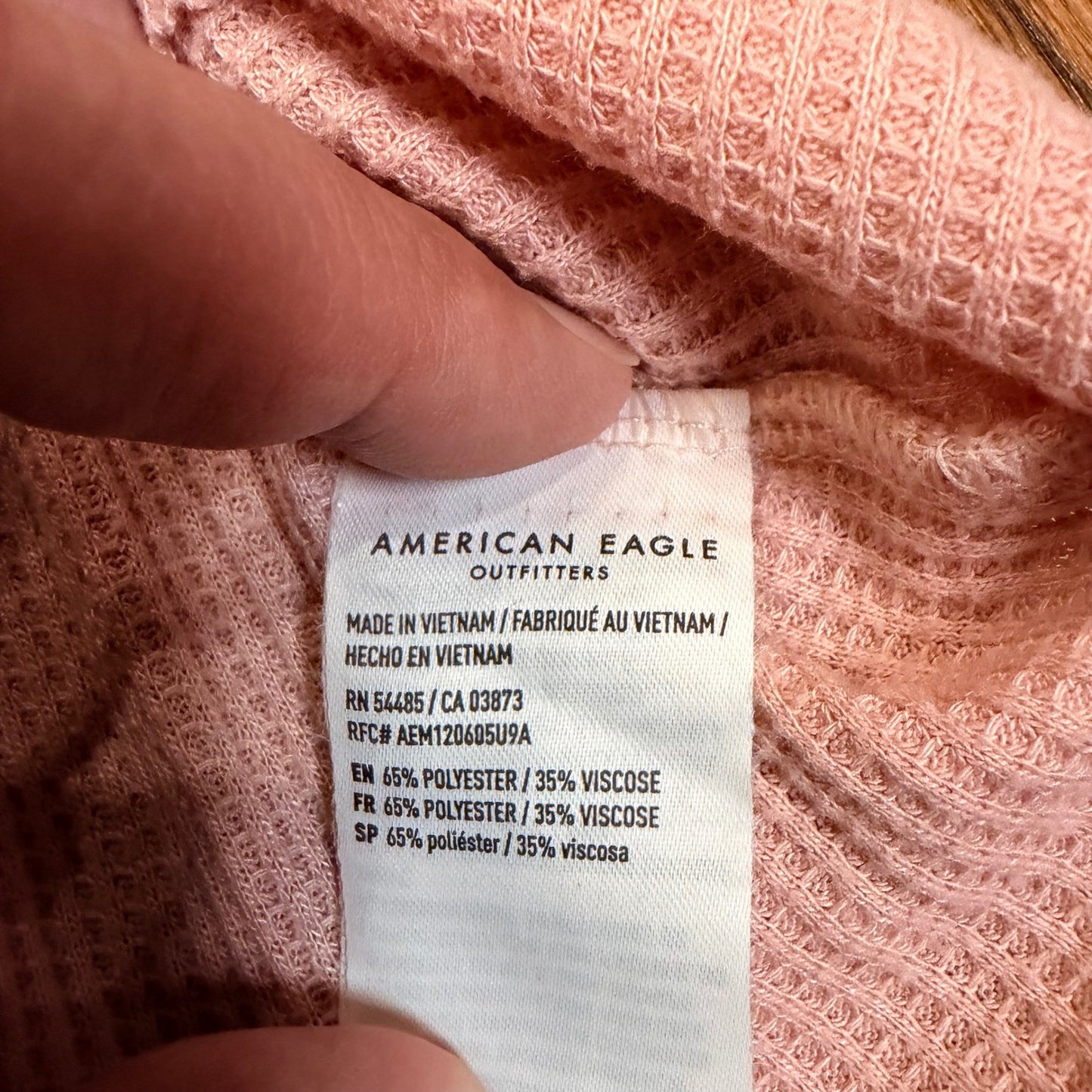 American Eagle Waffle Knit Henley Top Cropped Thermal Small Pink