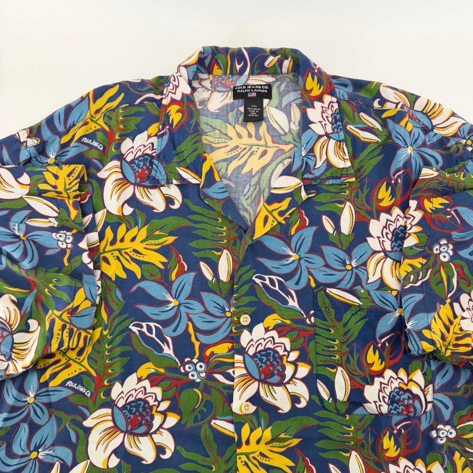 Polo Jeans Co Ralph Lauren Vintage 90s Tropical Floral Rayon Shirt XXL Blue