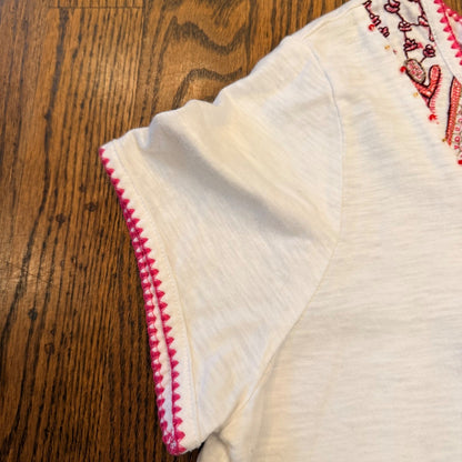 French Laundry Embroidered Boho Peasant Top Tassel Beaded White Pink Large