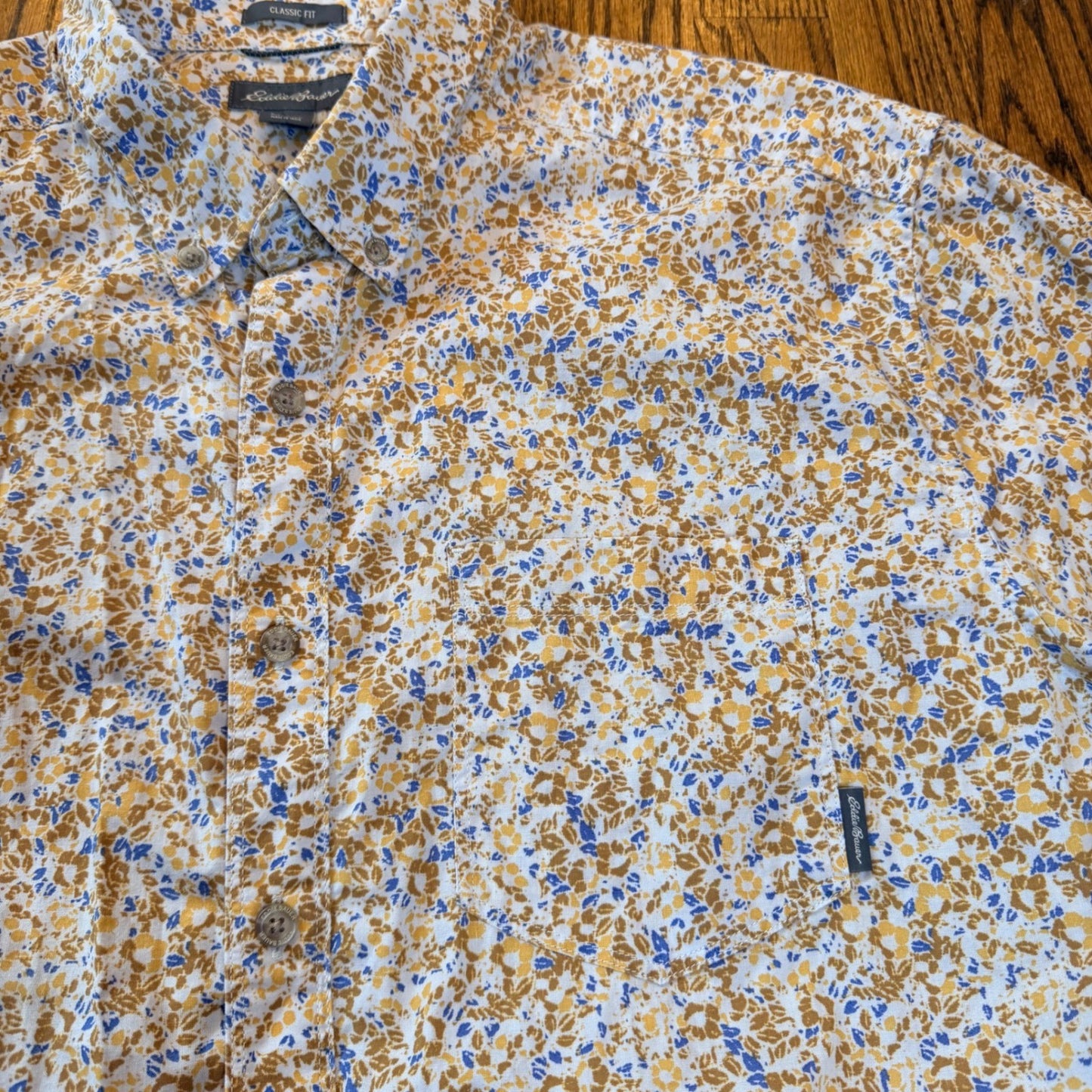 Eddie Bauer Classic Fit Floral Short Sleeve Button Down Shirt TXL Yellow Blue
