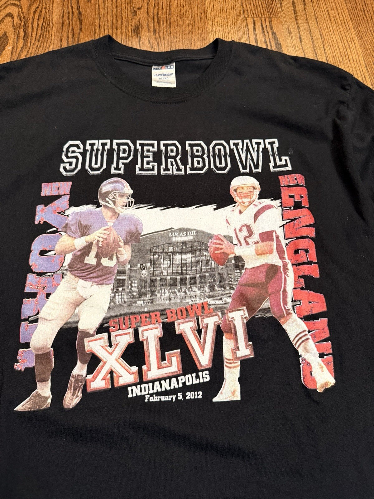 Super Bowl XLVI Long Sleeve T Shirt Jerzees Black Men’s XL Giants Patriots