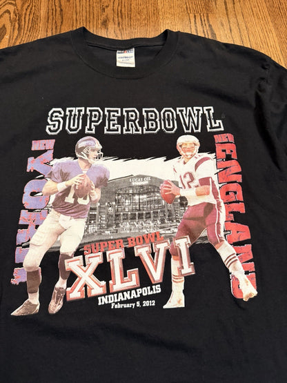 Super Bowl XLVI Long Sleeve T Shirt Jerzees Black Men’s XL Giants Patriots