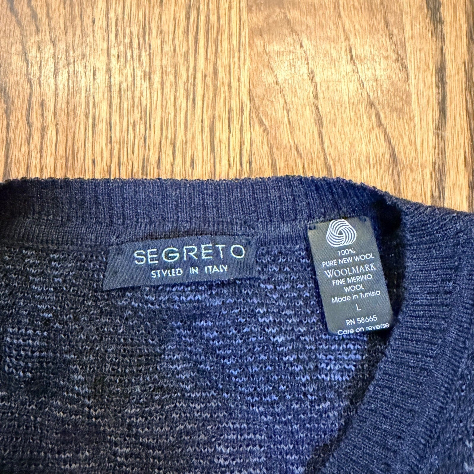 Segreto Merino Wool Crewneck Sweater Textured Geometric Knit Large Navy Blue
