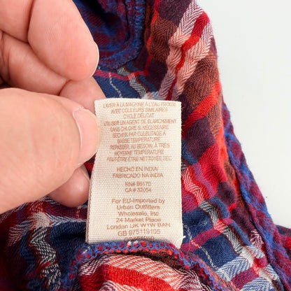 Free People Plaid Mixed Media Flannel Shirt Relaxed Boho Button Down L Red Blue