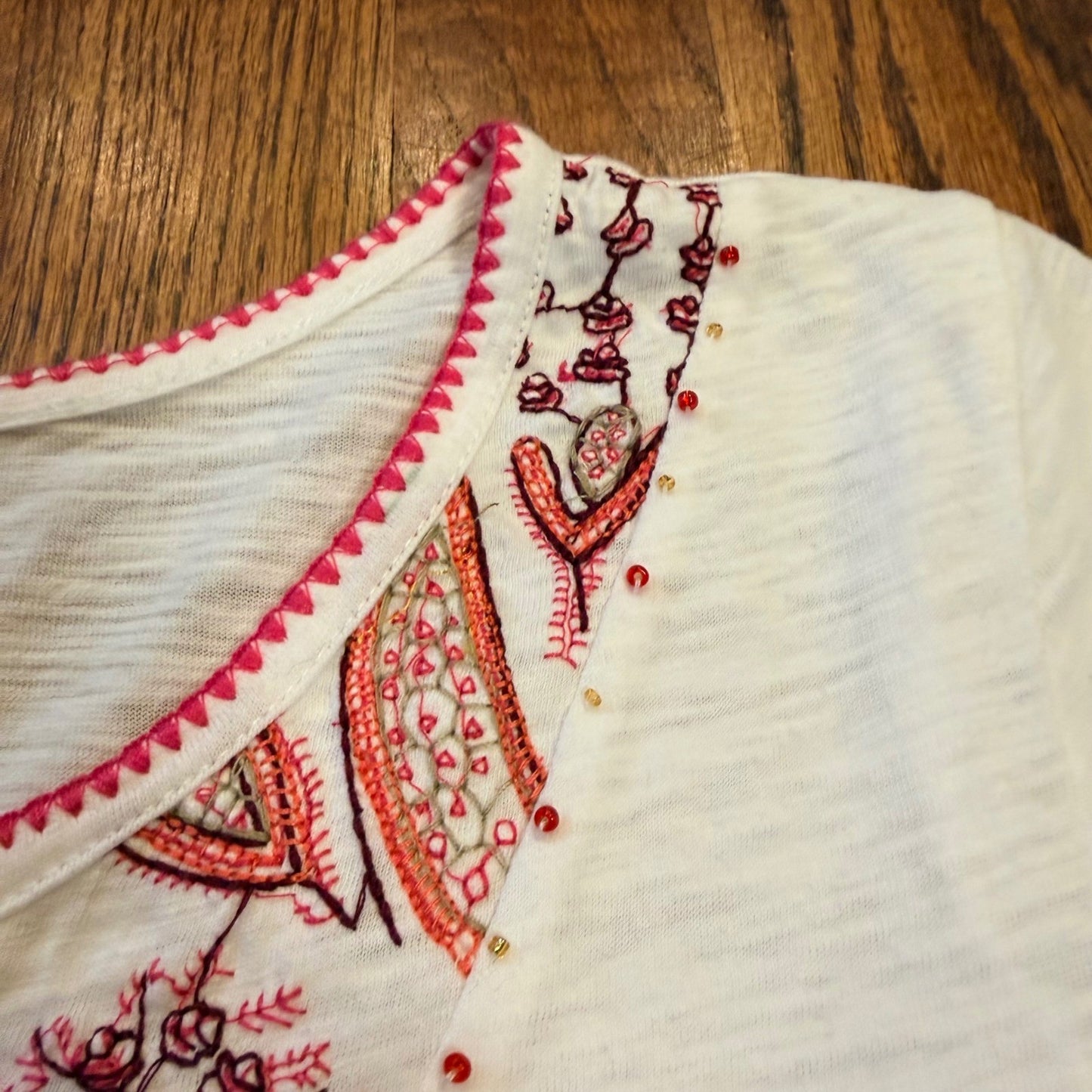 French Laundry Embroidered Boho Peasant Top Tassel Beaded White Pink Large