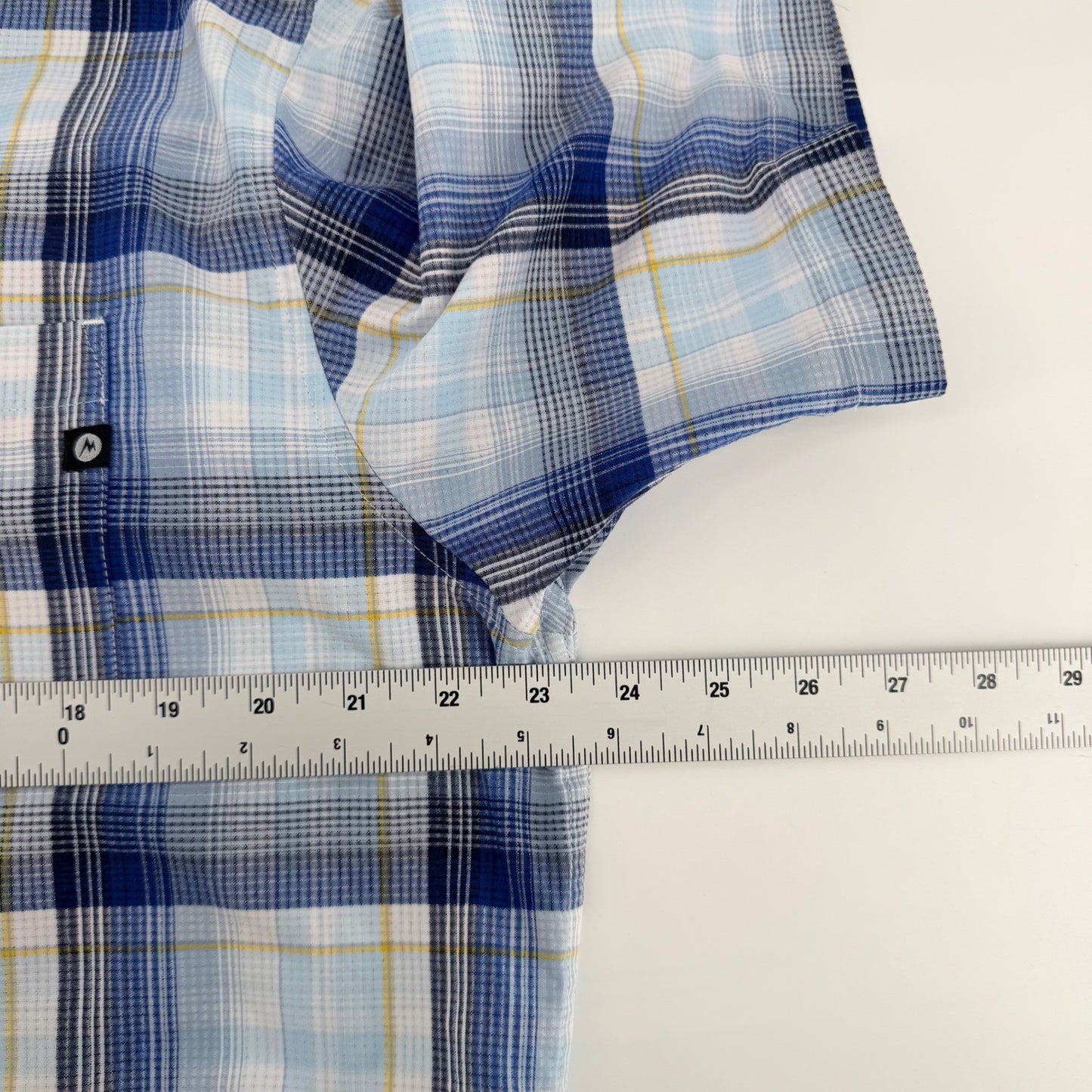 Marmot Plaid Short Sleeve Button Down Shirt Hiking Outdoor Large Blue White
