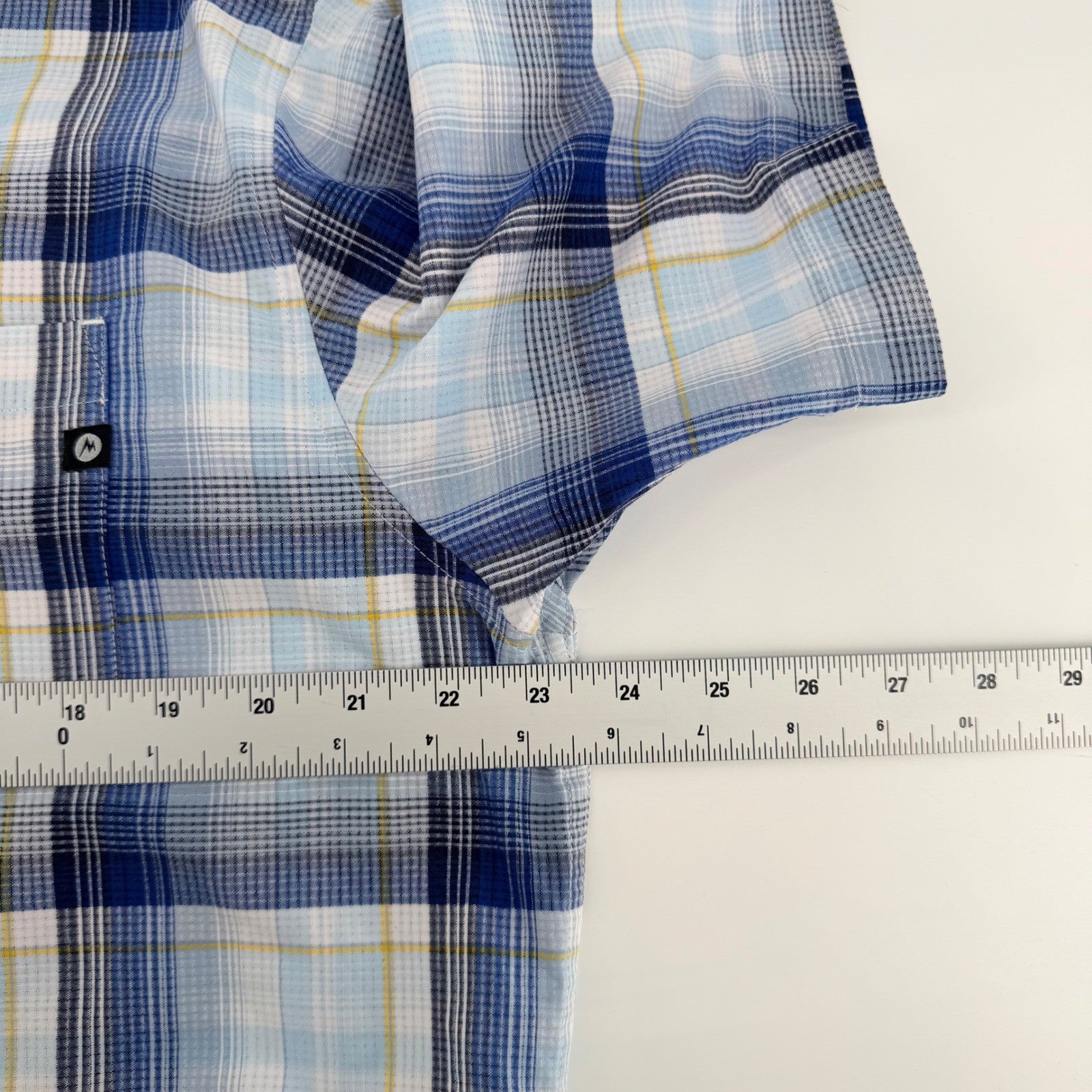 Marmot Plaid Short Sleeve Button Down Shirt Hiking Outdoor Large Blue White