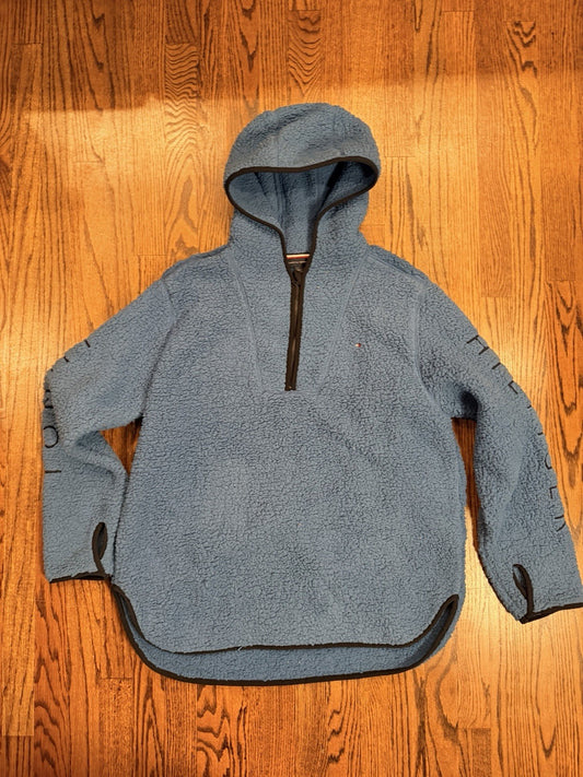 Tommy Hilfiger Fluffy Hooded Sherpa Fleece 1/4 Zip Jacket Pullover Large Blue