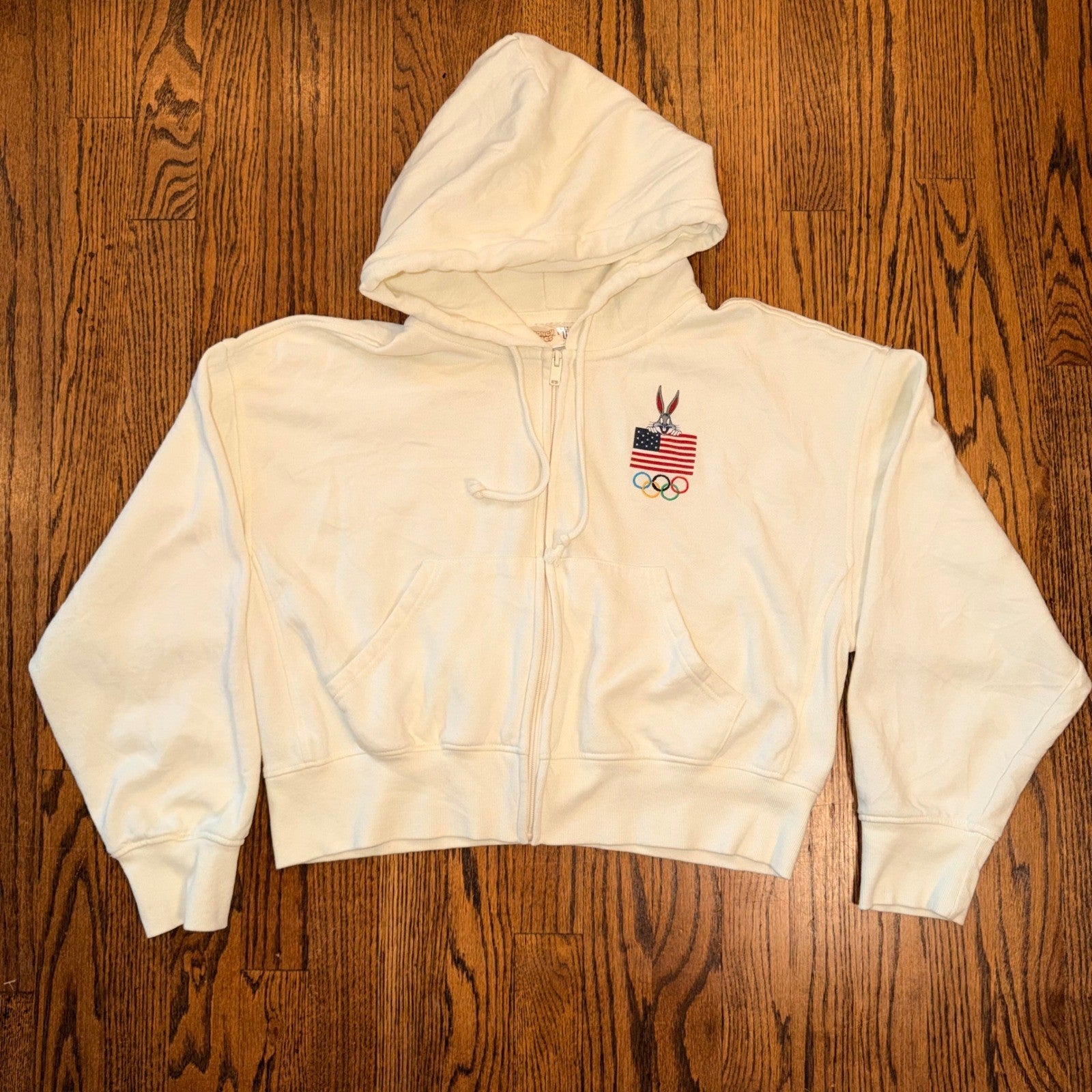 Looney Tunes x Team USA Olympic Zip Up Hoodie Embroidered Cropped Large Cream