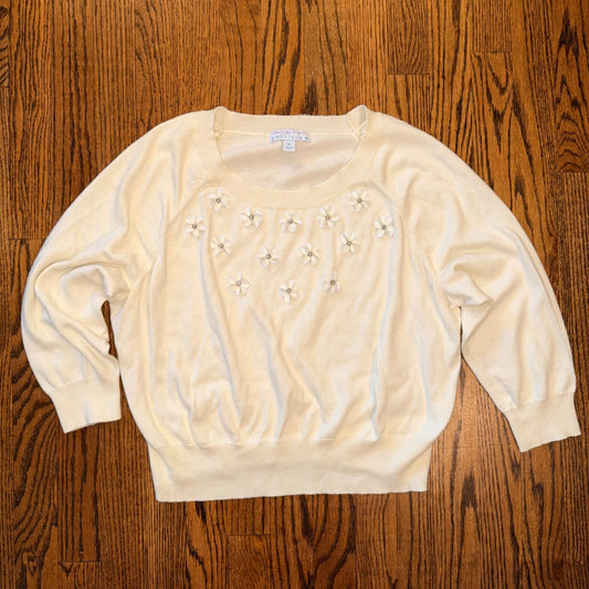 Ashley Neil Tipton Boutique Floral Applique Sweater 0X Ivory 3/4 Sleeve