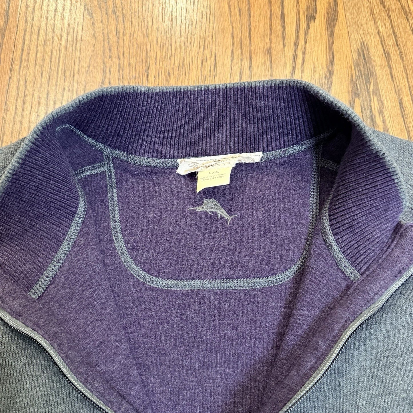 Tommy Bahama Men’s Reversible 1/4 Zip Pullover Sweater Grey/Purple Cotton L