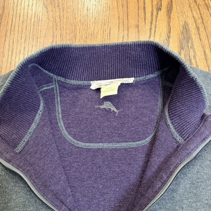 Tommy Bahama Men’s Reversible 1/4 Zip Pullover Sweater Grey/Purple Cotton L