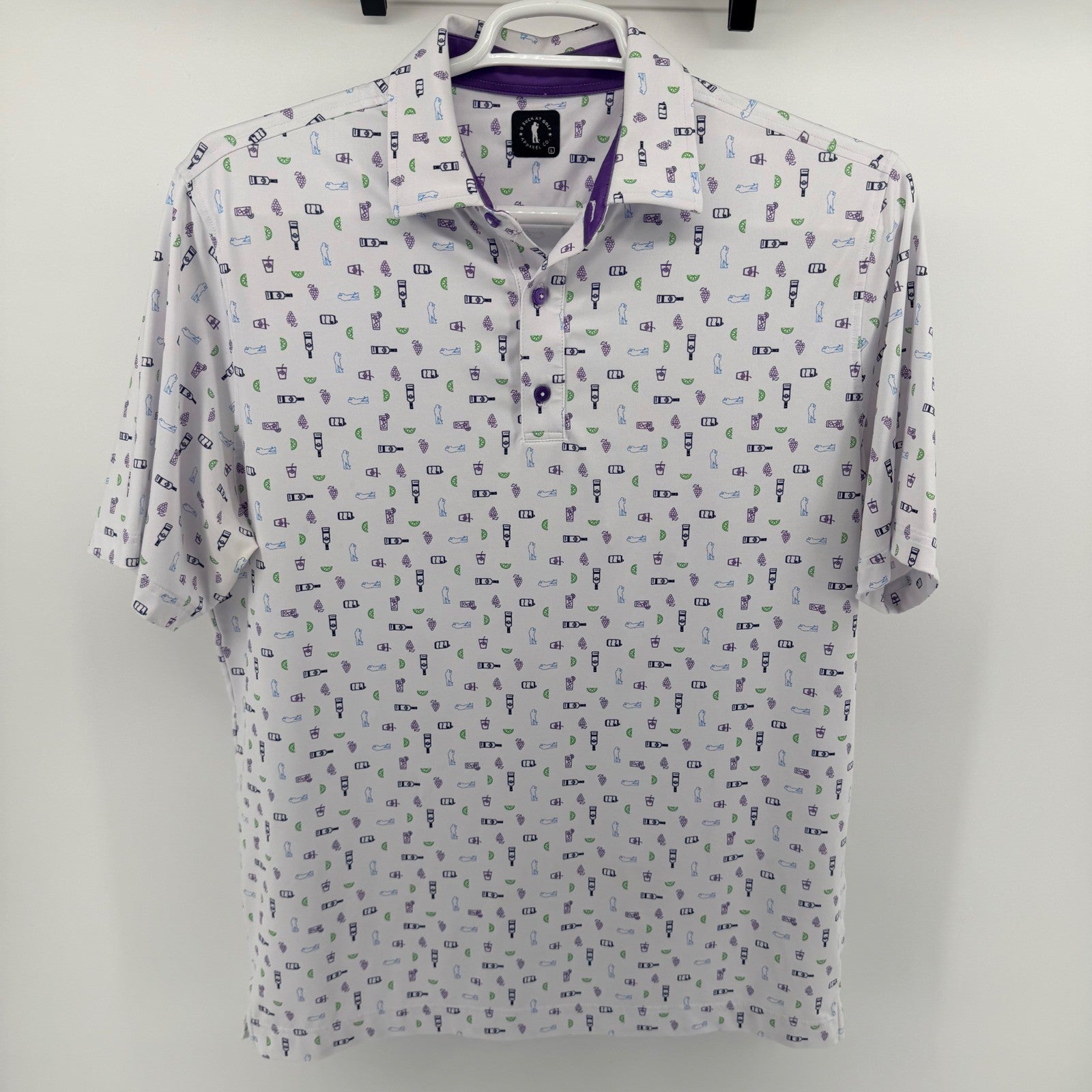U Suck At Golf Performance Polo Shirt Novelty Print White Purple Large Mens