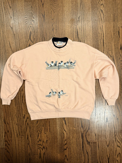 Vintage Morning Sun Grandma Spring Bird Crewneck Sweatshirt Pastel Pink L