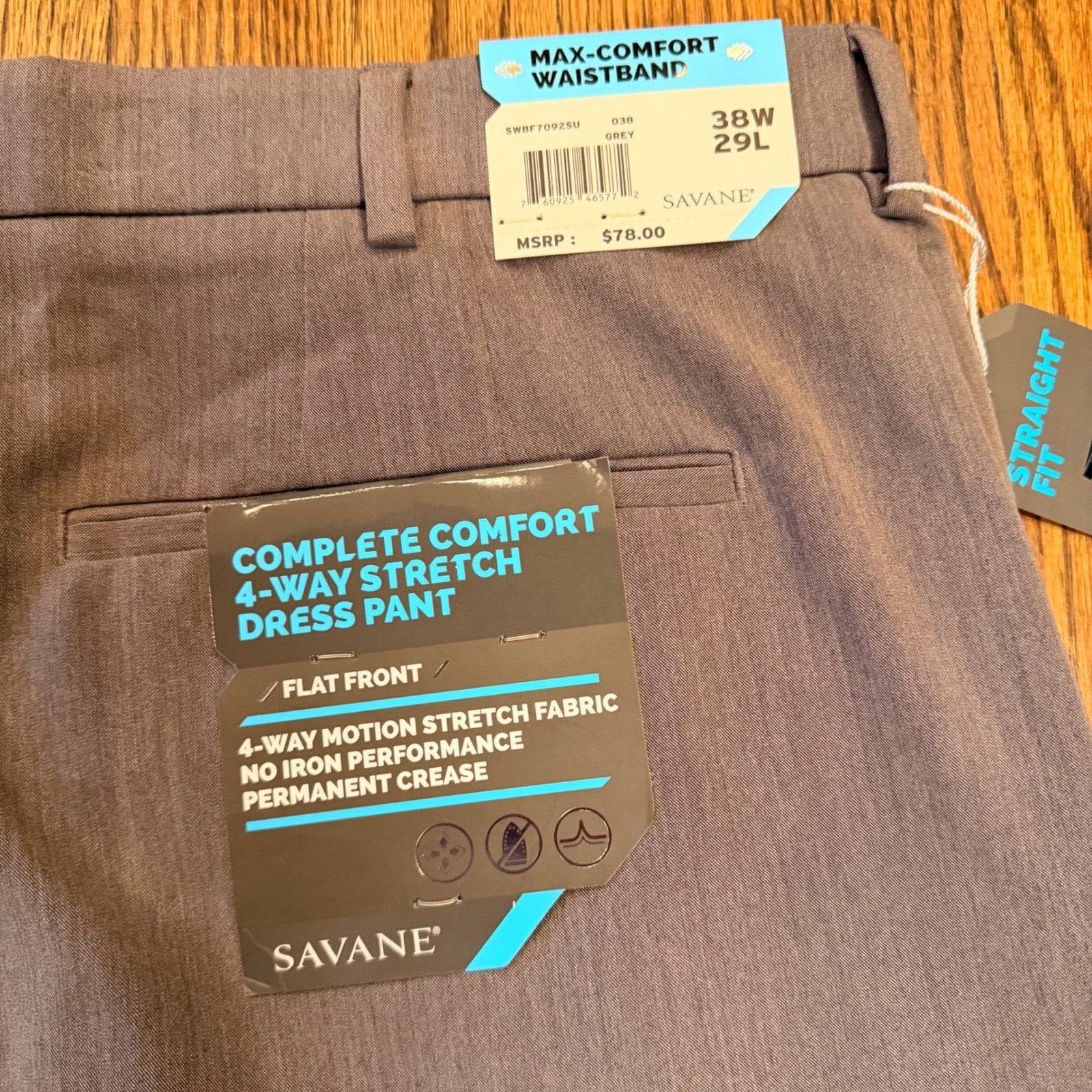 Savane Complete Comfort 4-Way Stretch Dress Pants 38x29 Grey Straight Fit
