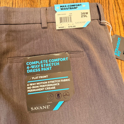 Savane Complete Comfort 4-Way Stretch Dress Pants 38x29 Grey Straight Fit