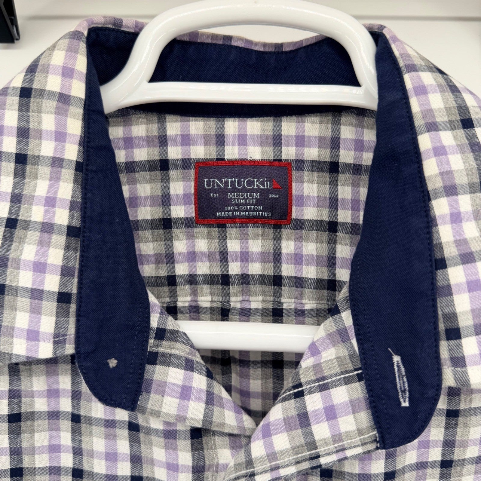 UNTUCKit Cecio Slim Fit Plaid Button Down Shirt Purple Grey Mens Medium M