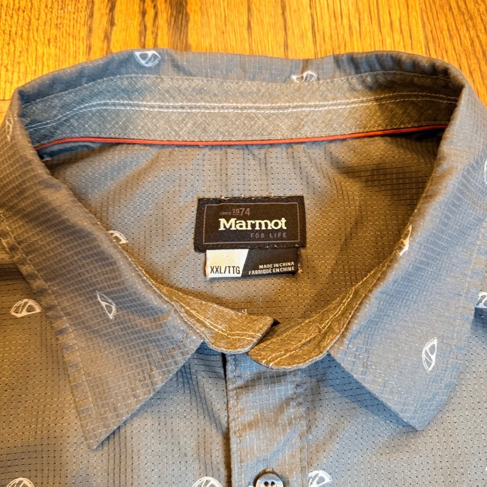 Marmot All Over Tent Print Hiking Shirt Short Sleeve Gray XXL Mens Lightweight