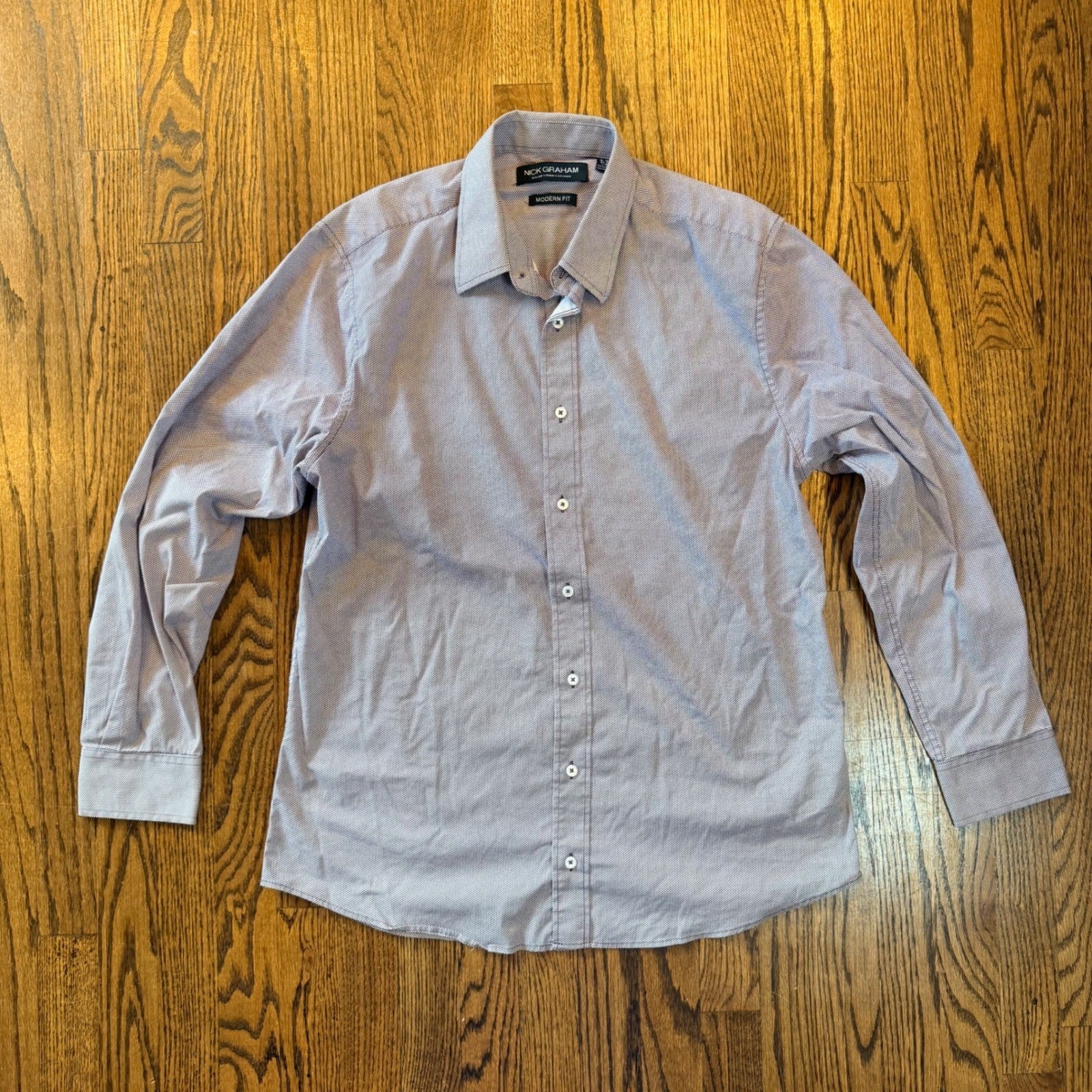 Nick Graham Modern Fit Dress Shirt Purple Micro Dot Stretch Size L 16-16.5 34/35