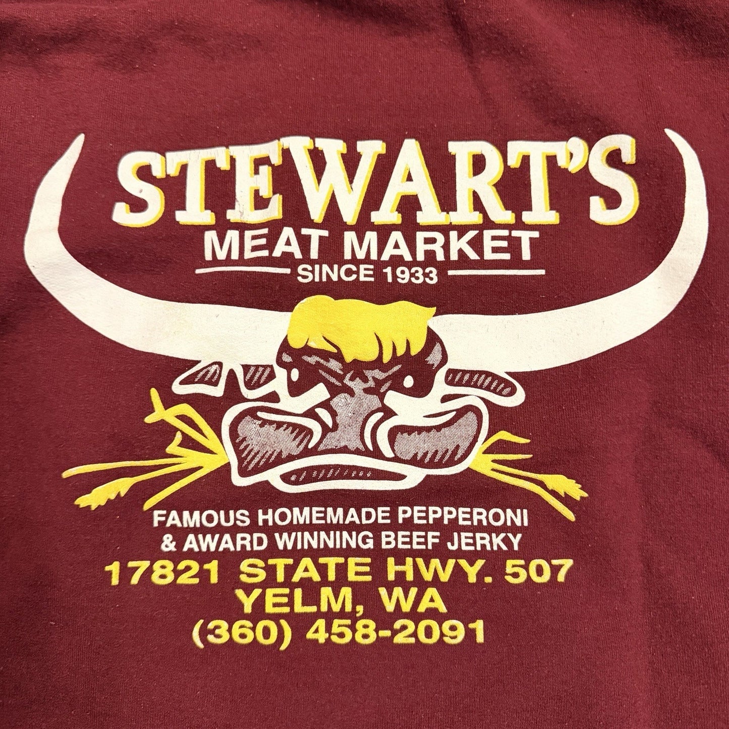 Stewart’s Meat Market Hoodie Yelm WA Local PNW Graphic Pullover Burgundy Size S