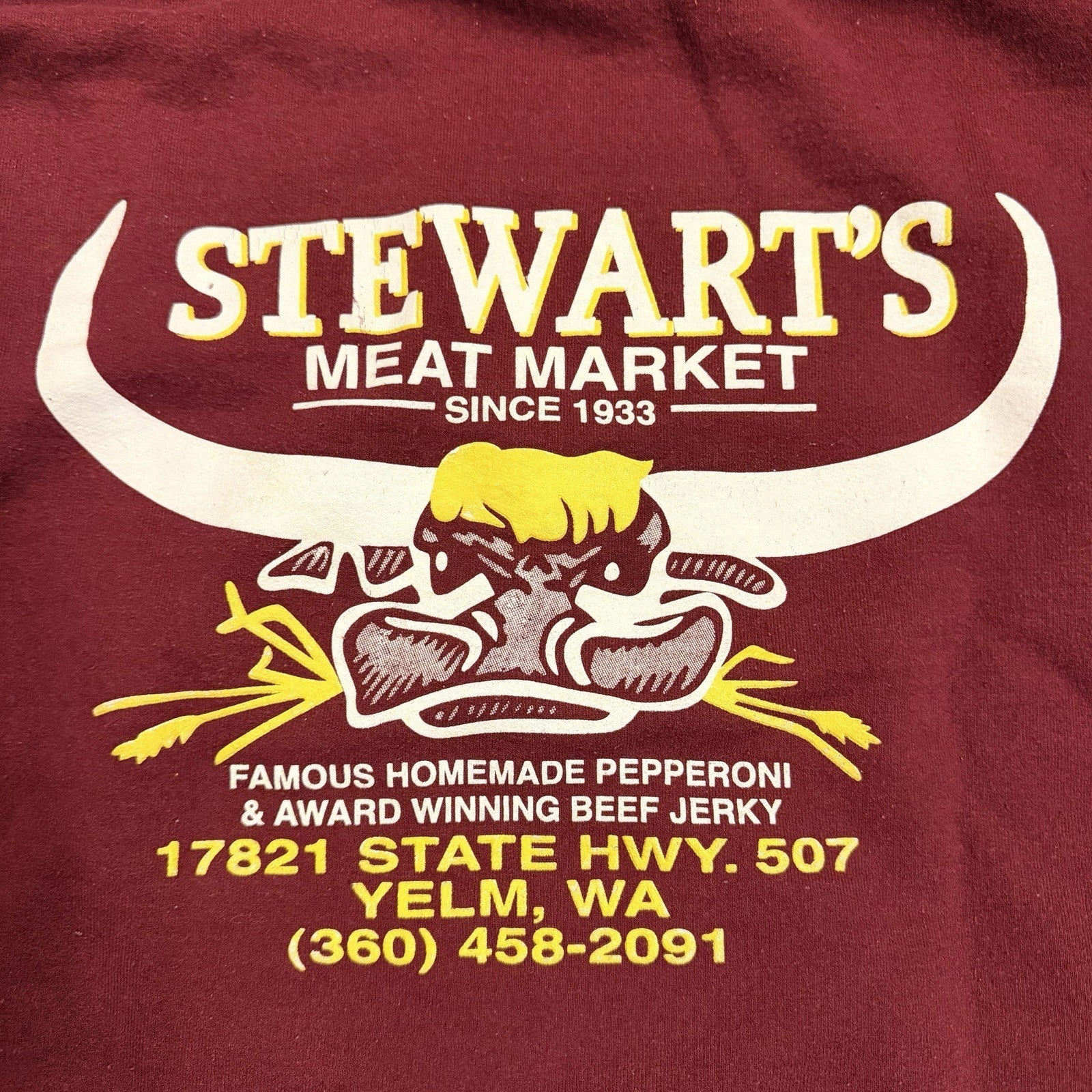 Stewart’s Meat Market Hoodie Yelm WA Local PNW Graphic Pullover Burgundy Size S