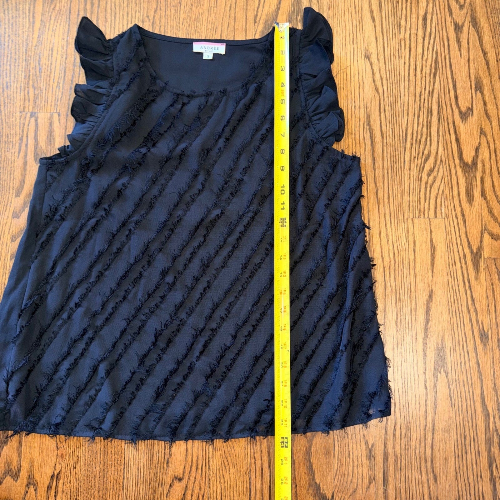 Andree by Unit Fringe Eyelash Ruffle Sleeve Top Size S Black Lightweight Sheer