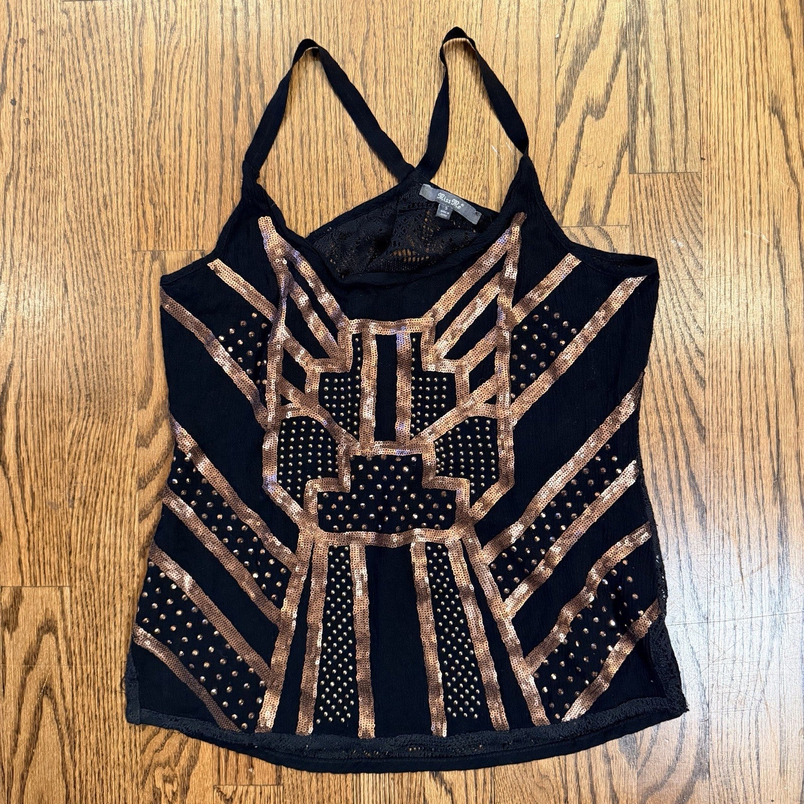 Miss Me Y2K style Embellished Top Black Lace back Size S Racer Tank