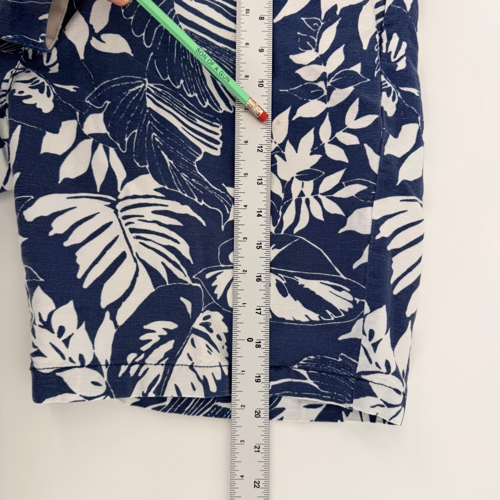 Island Shores Botanical Tropical Leaf Linen Blend Shorts 36 Navy White Summer