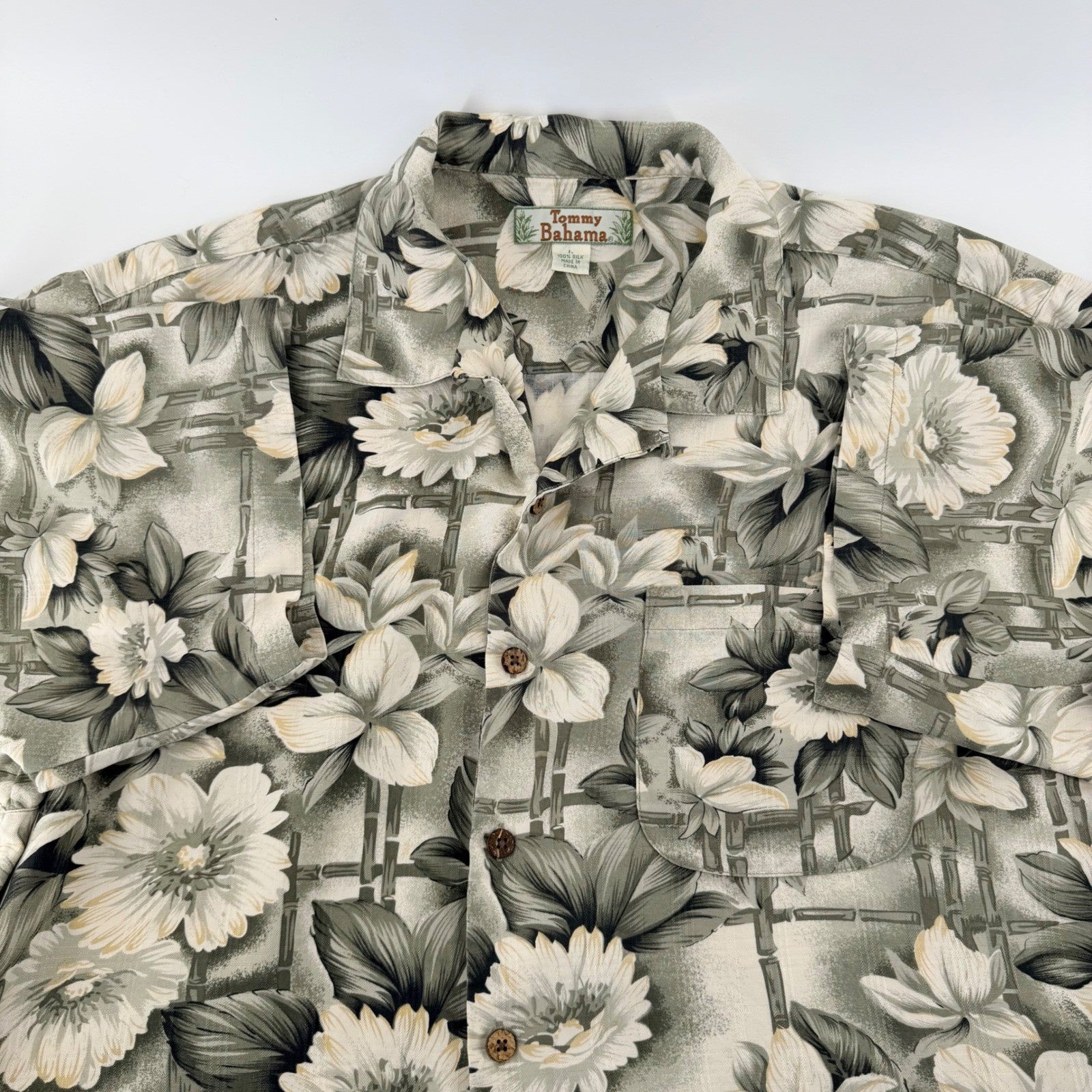 Tommy Bahama Silk Hawaiian Camp Shirt Floral Bamboo Tropical Sage L