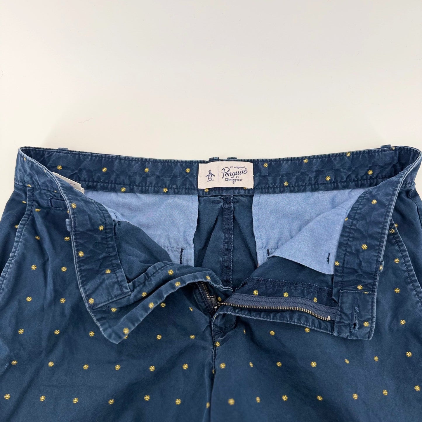 Original Penguin Chino Shorts Navy Blue Embroidered Micro Pattern 31 Mens Cotton