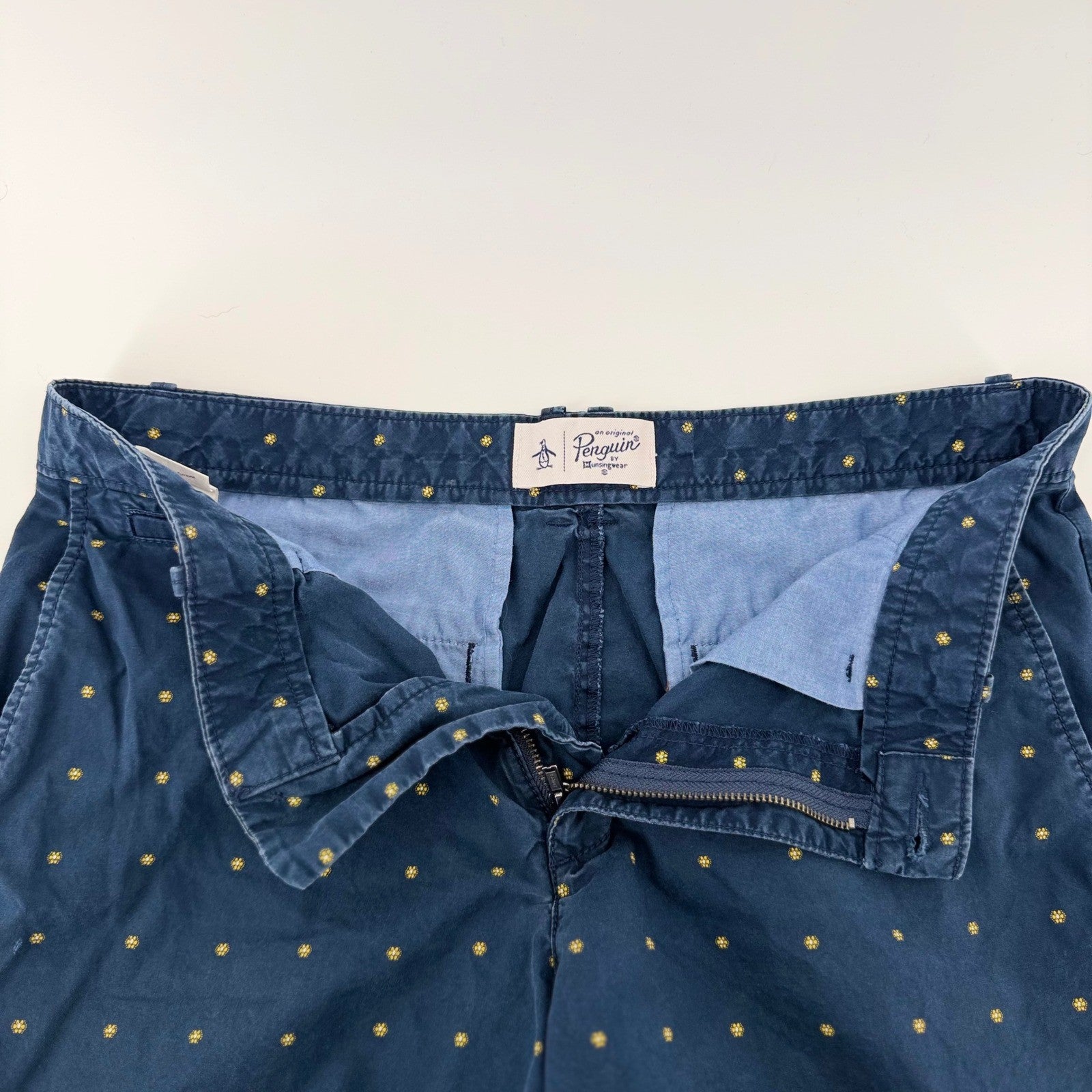 Original Penguin Chino Shorts Navy Blue Embroidered Micro Pattern 31 Mens Cotton